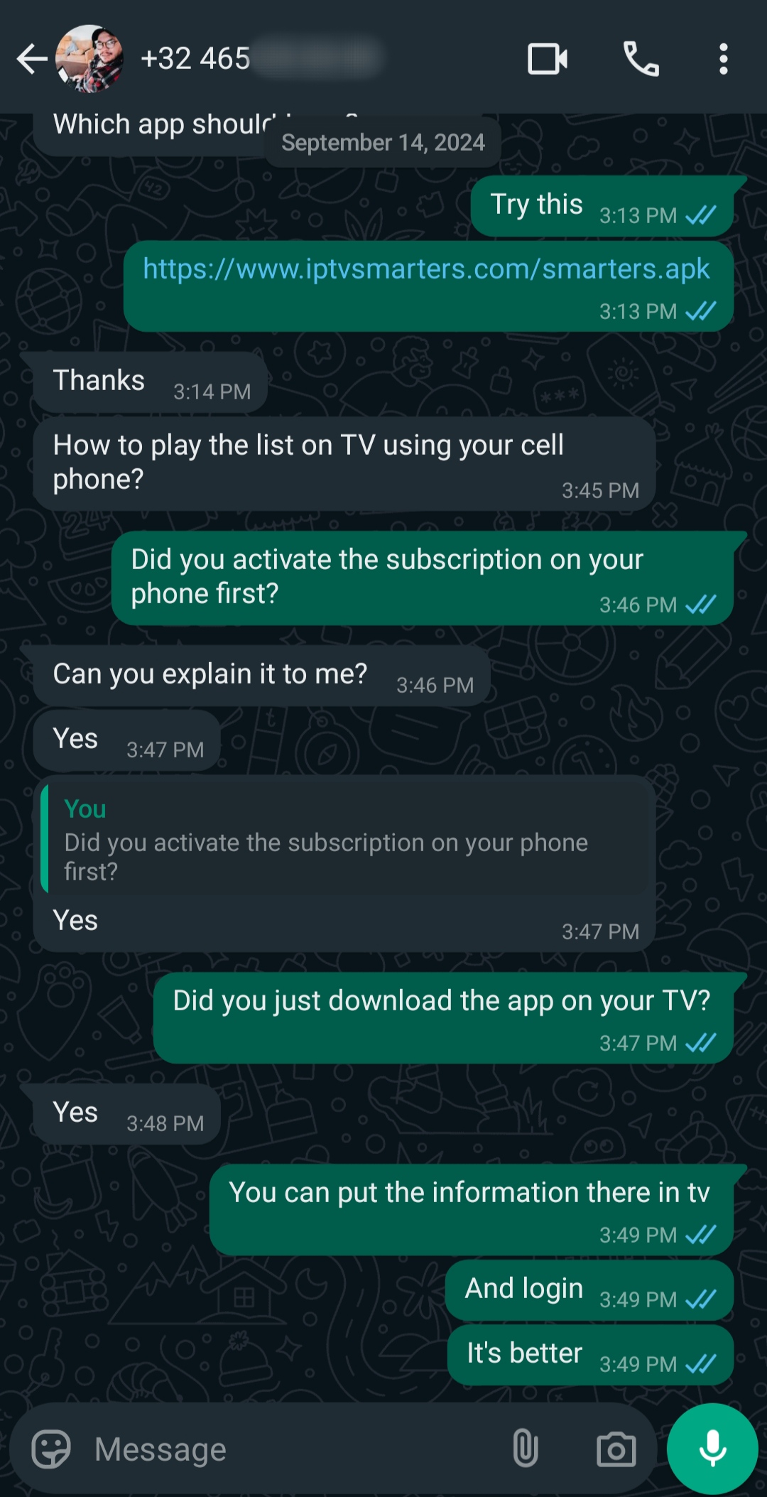 WhatsApp chat screenshot showing a conversation about installing and activating an IPTV Italy app on TV, with green and gray message bubbles exchanged between two users.
