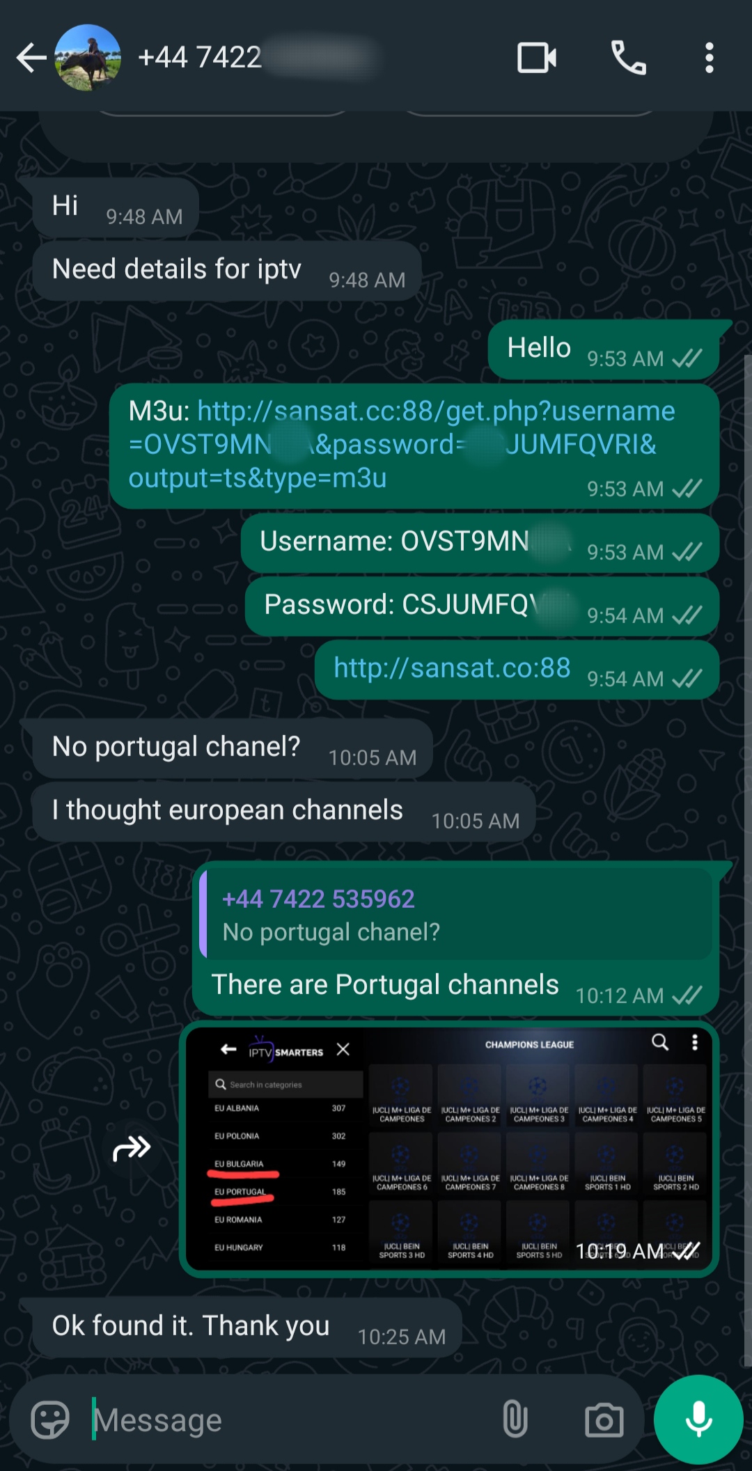WhatsApp chat showing a user asking for IPTV details, receiving a username, password, and URL for IPTV Italy, then confirming the availability of Portugal channels with a screenshot listing TV channels.