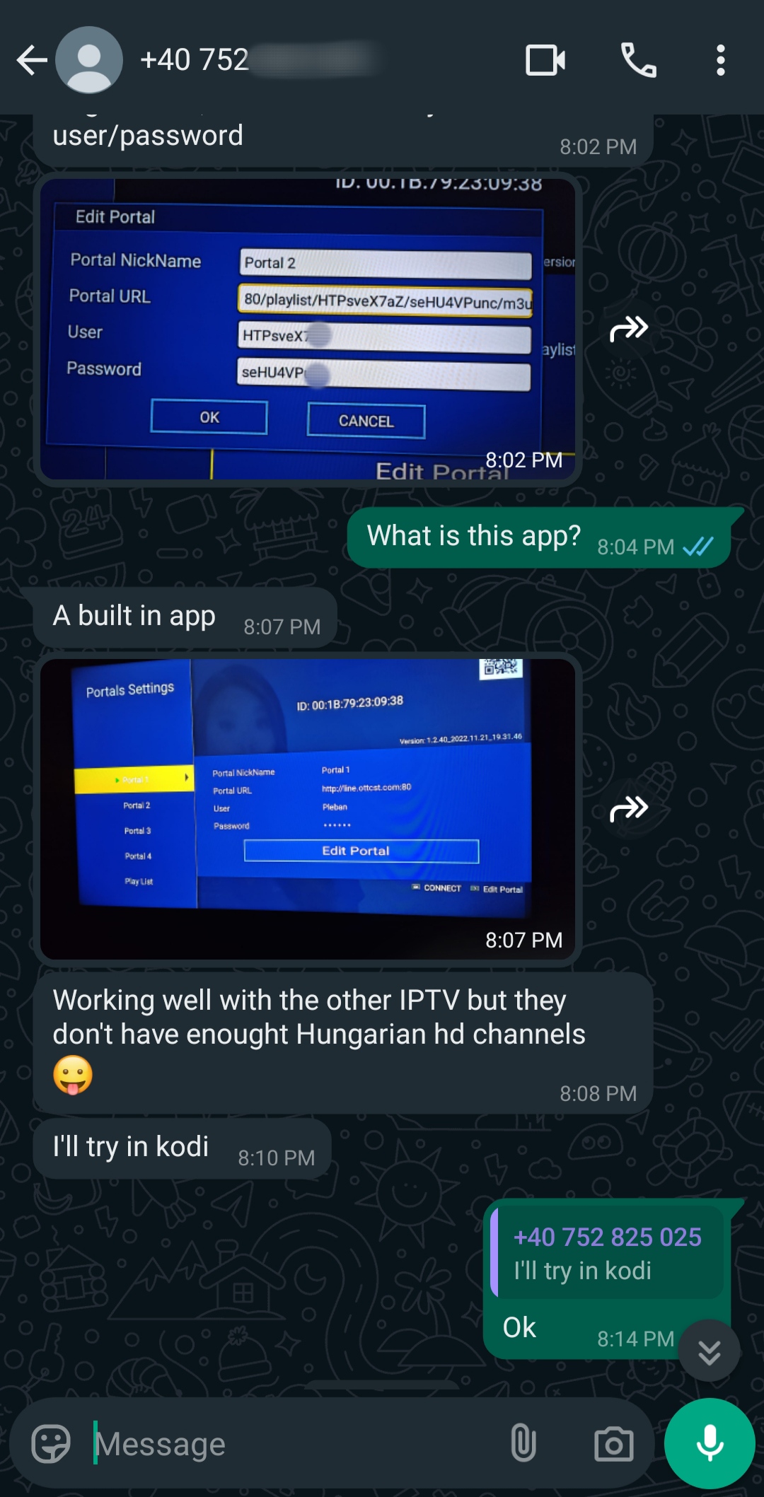 A WhatsApp chat showing screenshots of an IPTV portal settings menu, discussing Hungarian HD channels and mentioning trying the playlist in Kodi. The conversation also briefly references IPTV Italy, suggesting interest in international options. One message includes a partial phone number.