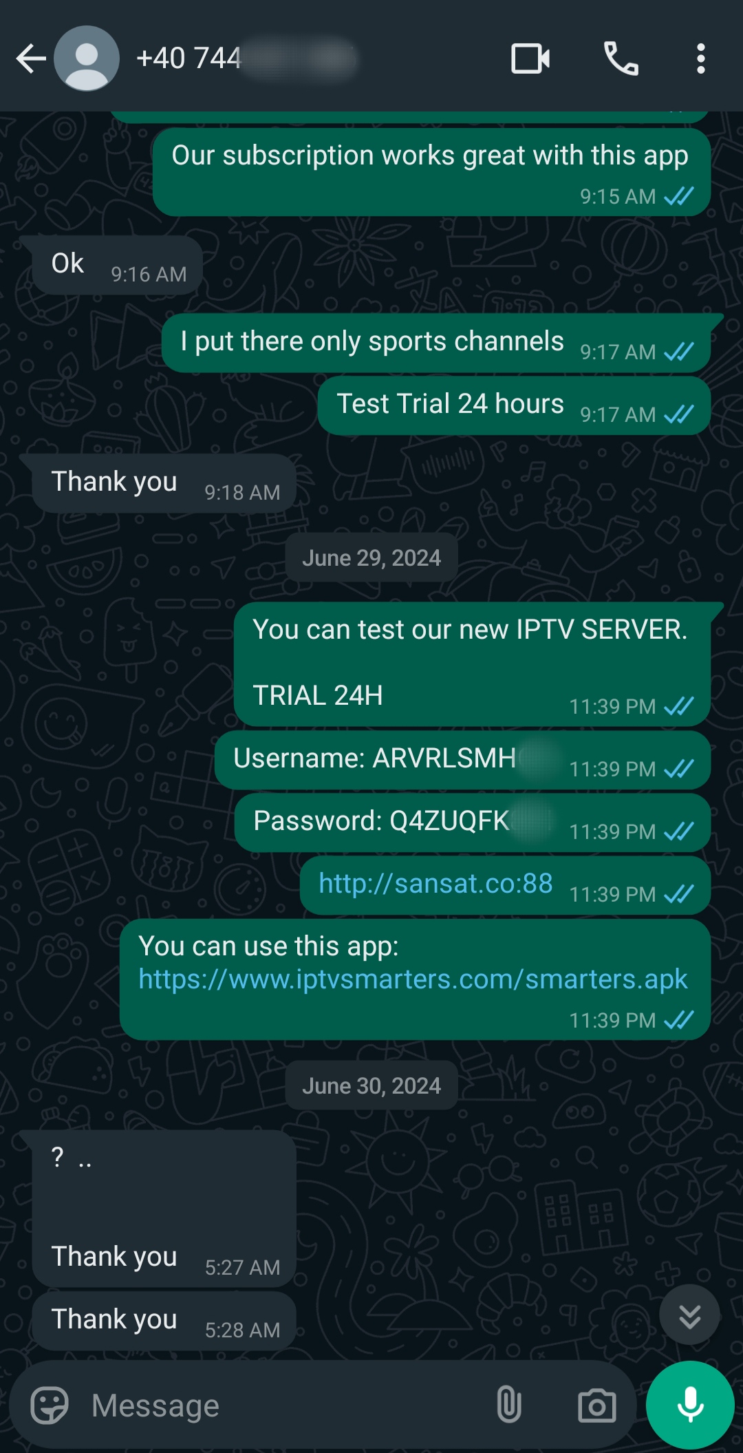A WhatsApp chat shows messages about setting up a 24-hour IPTV Italy trial, including a username, password, and app download links. The conversation involves brief confirmations and repeated expressions of thanks.