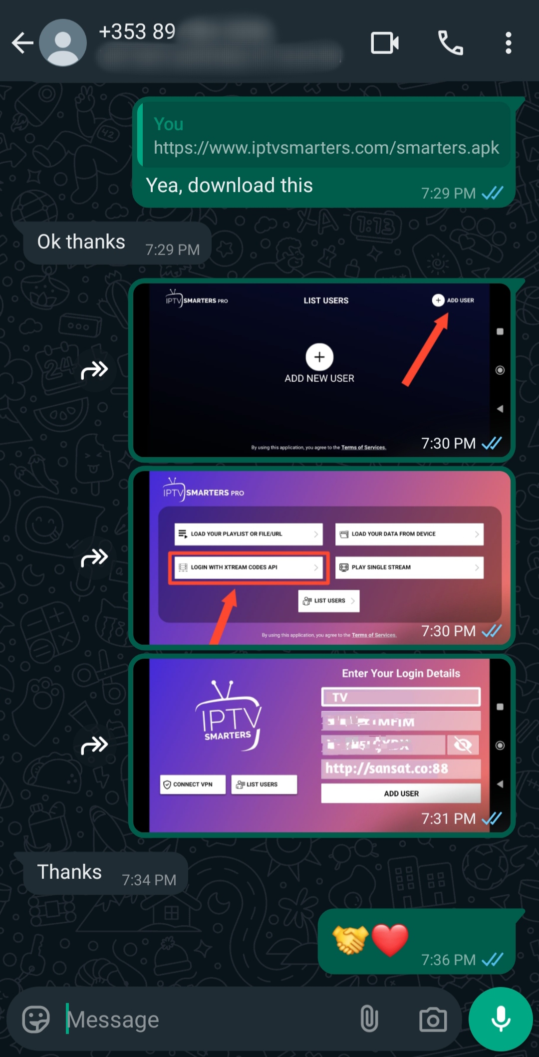 A WhatsApp chat shows instructions with screenshots on how to add a user and enter login details in the IPTV Smarters Pro app for IPTV Italy. The last message has handshake and heart emojis.