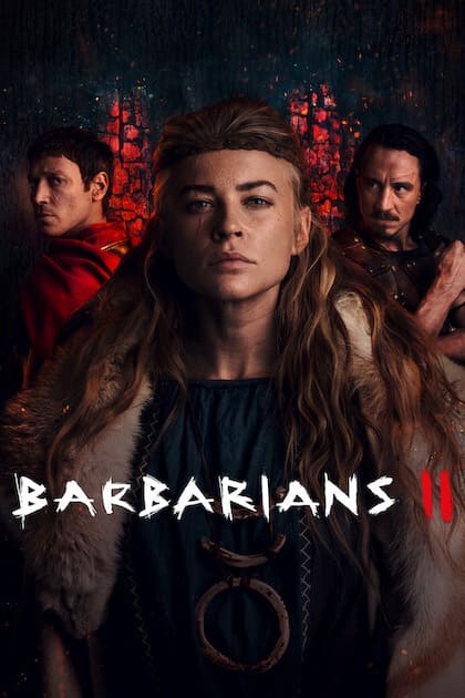 Three serious-looking people in dark, ancient-style clothing stand against a dramatic, reddish background. The text Barbarians II appears at the bottom in bold white and red letters, evoking the intense atmosphere perfect for fans streaming historical dramas on IPTV Italy.