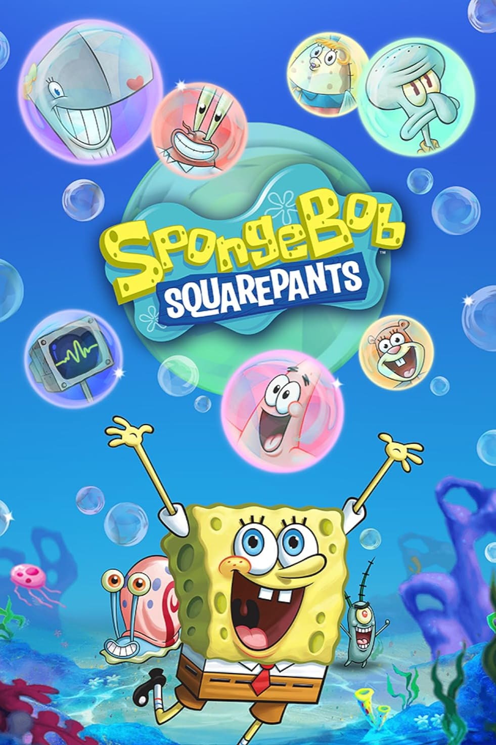 SpongeBob jumps joyfully underwater with bubbles showing his friends, including Patrick, Sandy, Squidward, Mr. Krabs, Plankton, Pearl, and Gary—just like you might catch on IPTV Italy. The SpongeBob SquarePants logo is in the center.