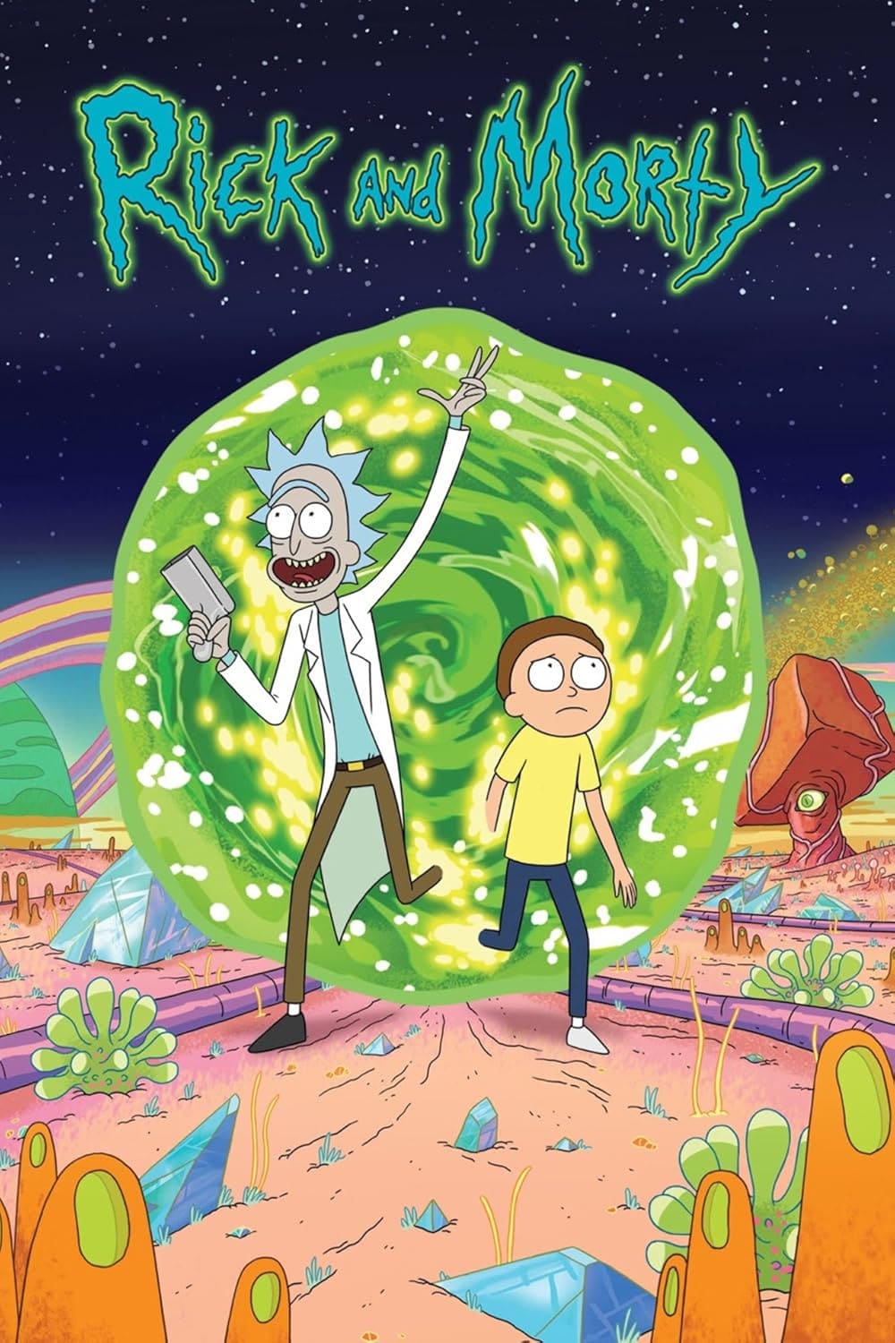 Animated characters Rick, an older man with blue spiky hair, and Morty, a brown-haired boy, stand in front of a glowing green portal on a colorful alien landscape. Above them, Rick and Morty is written at the top, adding to the eye-catching design—perfect for fans streaming their favorite episodes via IPTV Italy.