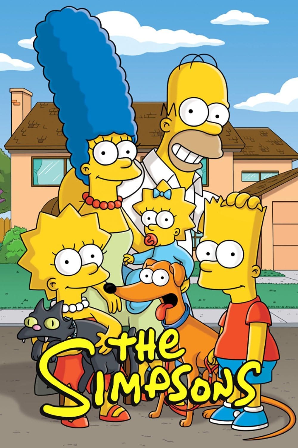 The Simpson family—Marge, Homer, Maggie, Lisa, and Bart—stand outside their house with their pets, Snowball II the cat and Santa’s Little Helper the dog, ready for a new adventure. The iconic Simpsons logo is at the bottom, capturing a scene beloved by fans of IPTV Italy.