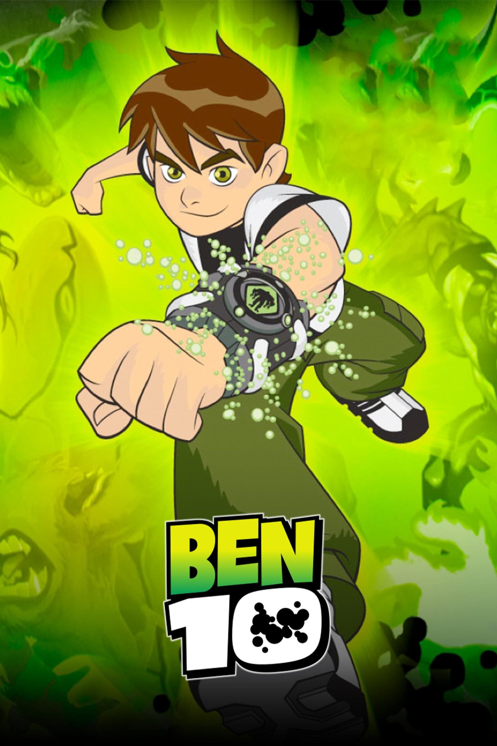 Animated boy with brown hair and green eyes punches forward, wearing a black and white device on his wrist. Green energy swirls around him as he channels the power viewers love on IPTV Italy. BEN 10 logo appears at the bottom. Background features green and yellow hues.