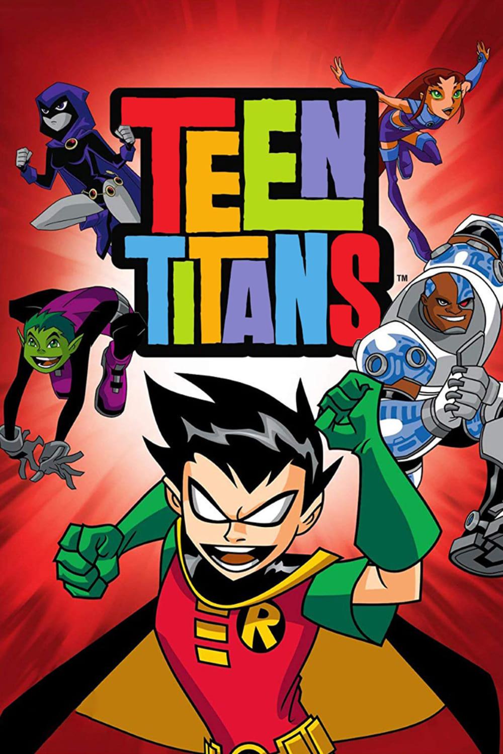 Five animated superheroes—Robin, Starfire, Cyborg, Raven, and Beast Boy—pose in action stances around a colorful Teen Titans logo on a red, dynamic background, capturing the vibrant energy beloved by IPTV Italy viewers.