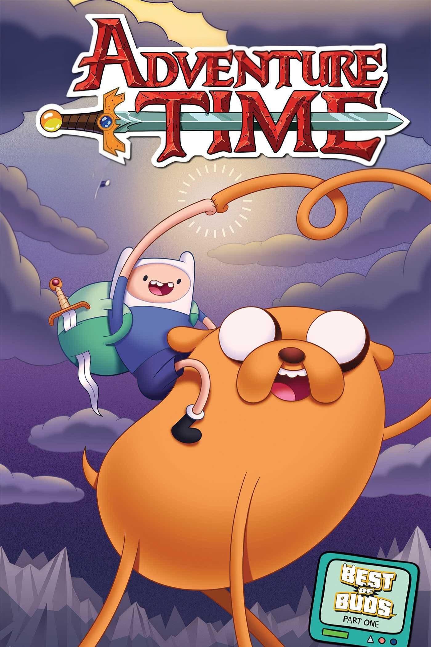 Finn, a boy with a sword and a green backpack, rides on Jake, a large yellow dog with stretchy limbs, in a mountainous landscape under a purple sky. The Adventure Time logo is above them. A Best Buds badge is at the bottom, while an IPTV Italy sticker adds an international twist to this iconic duo’s adventure.