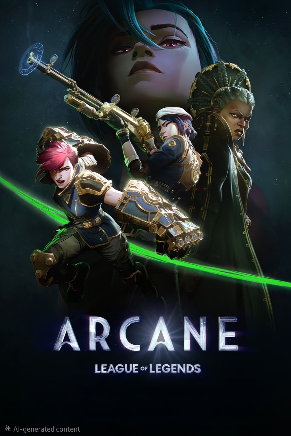 Poster for Arcane: League of Legends featuring three main characters in dynamic poses, with a large, intense face above them and the title prominently displayed at the bottom—a must-have piece for any fan watching via IPTV Italy.