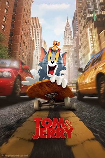 Tom rides a skateboard down a city street with Jerry on his head, zooming past tall buildings, cars, and taxis. Amidst the urban excitement, IPTV Italy streams their latest adventures for fans to enjoy. The Tom & Jerry logo is at the bottom of the image.