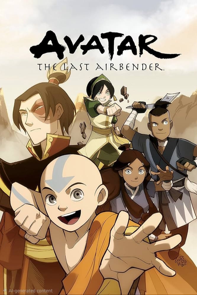 Five characters from Avatar: The Last Airbender pose together in action stances, with Aang in front, Katara and Sokka on the right, Toph in the center, and Zuko on the left. The show’s logo appears above them—a dynamic image perfect for fans enjoying Avatar through IPTV Italy.