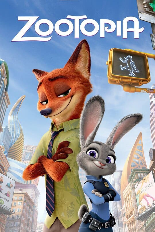 Nick, a fox in a green shirt and tie, stands back-to-back with Judy, a rabbit in a police uniform, both smiling confidently under the Zootopia title in a vibrant cityscape, as if ready to solve their next mystery—perhaps even streaming clues with IPTV Italy.