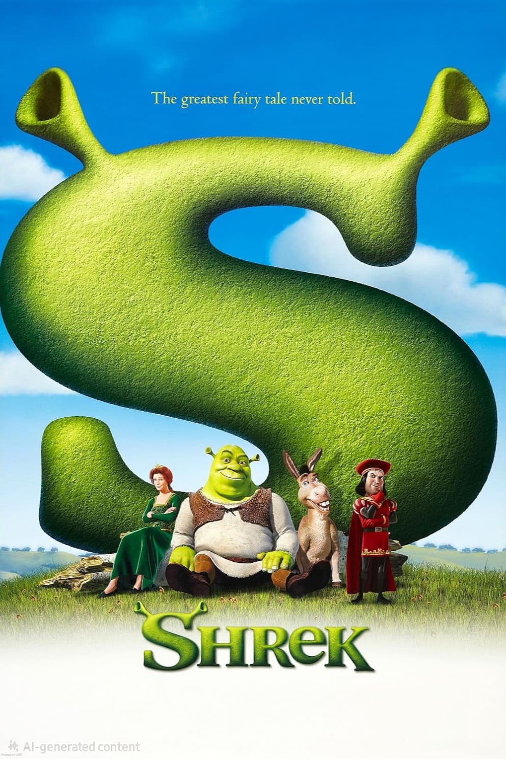 Four animated characters sit in front of a large green S in a grassy field, with blue sky above. The text reads, The greatest fairy tale never told. Watch the magic unfold with Shrek on IPTV Italy—title appears at the bottom.