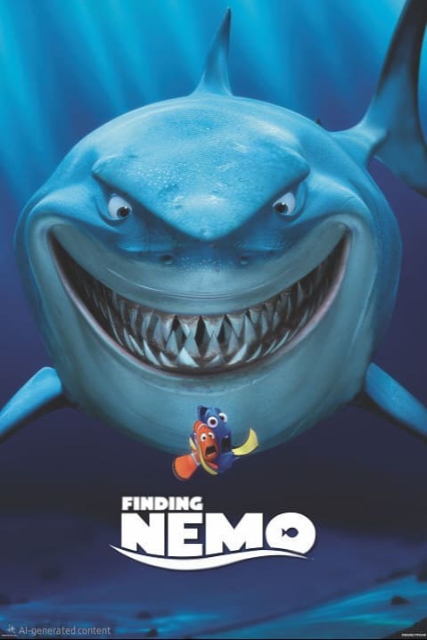 A large, smiling shark looms behind two frightened cartoon fish, Dory and Marlin, with the Finding Nemo movie title below them. Blue ocean water forms the background, capturing an unforgettable scene loved by families around the world—now available to stream through IPTV Italy.
