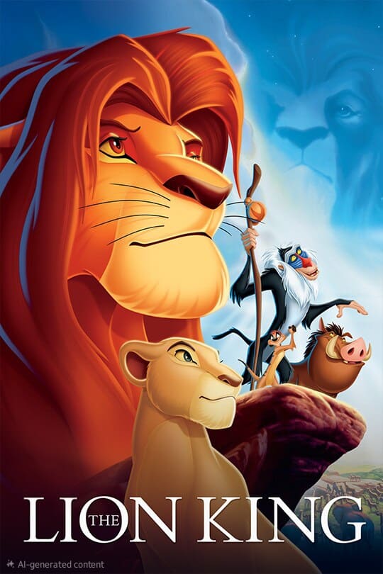 Poster for The Lion King showing animated lions, a mandrill, and a warthog standing proudly on a rock with a majestic lion face in the sky above. Enjoy this timeless movie, now available via IPTV Italy. The movie title is at the bottom.