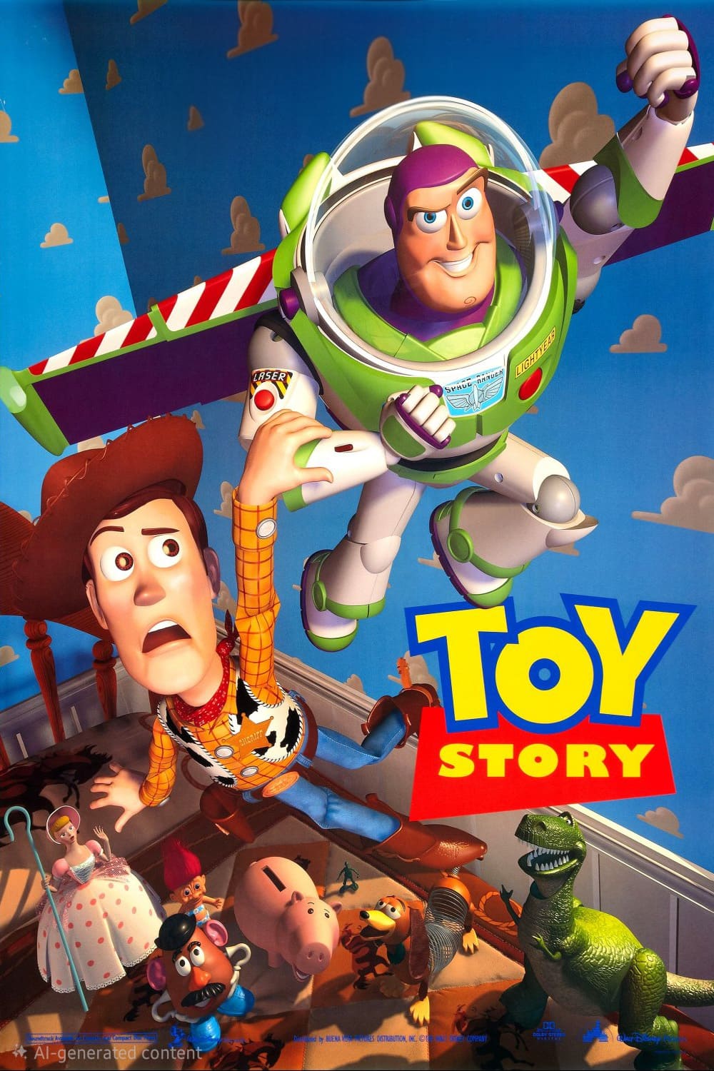Woody and Buzz Lightyear fly over Andy’s room, with other toy characters looking up in awe—a classic scene you can now enjoy on IPTV Italy. The Toy Story movie title is featured in bold yellow and blue letters on the right.