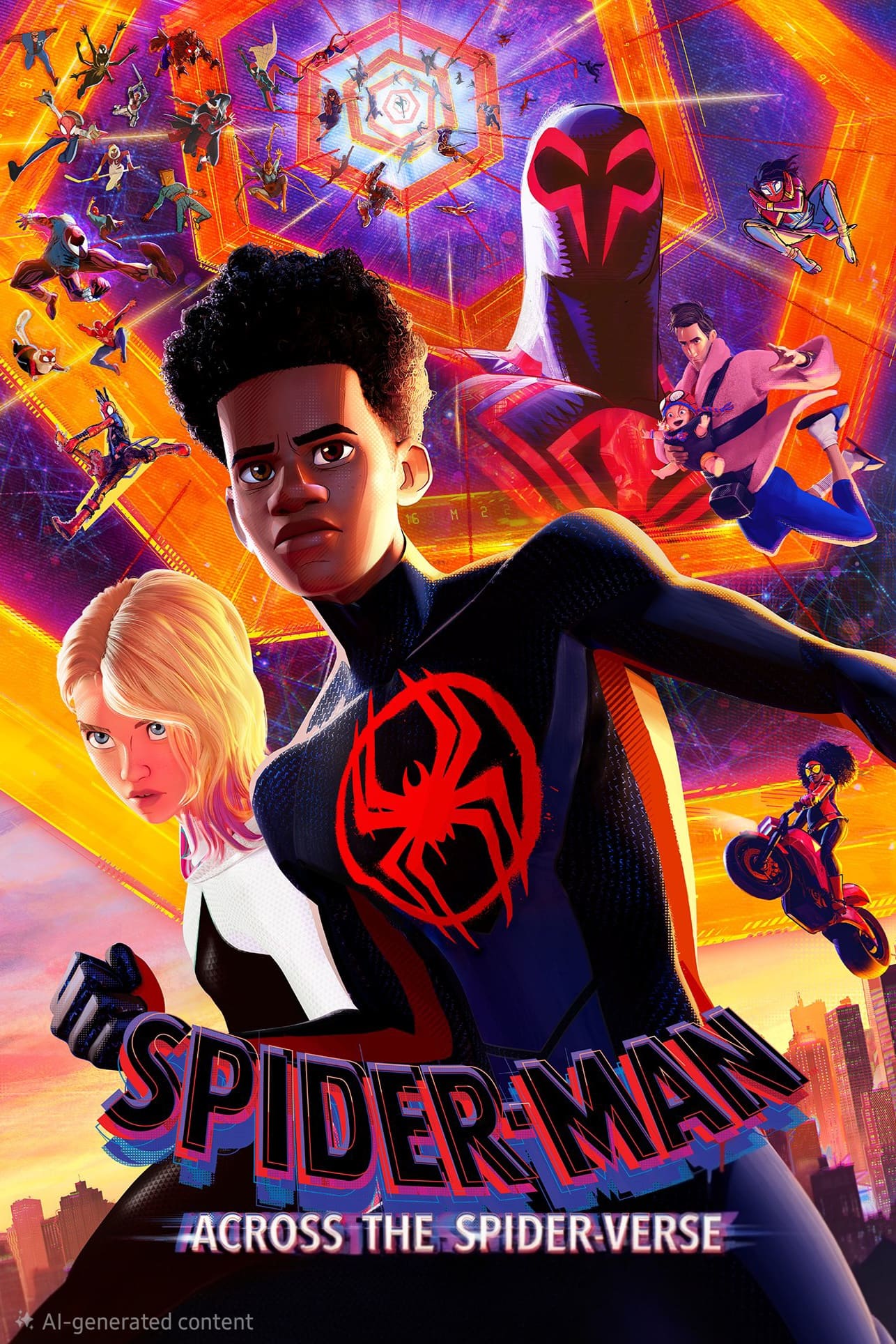 Poster for Spider-Man: Across the Spider-Verse showing multiple Spider-People—including Miles Morales in front, Gwen Stacy, and others—set against vibrant, multiverse-themed backgrounds, perfect for fans streaming their favorite Marvel adventures with IPTV Italy.