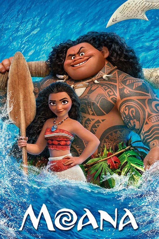 Animated characters Moana, with long curly hair and a red top, and Maui, a large man with tattoos and a wooden oar, stand in the ocean with waves splashing around them. The word Moana appears at the bottom, evoking the adventurous spirit you can experience through IPTV Italy’s wide selection of family favorites.