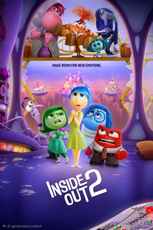 Poster for Inside Out 2 showing the main emotions—Joy, Sadness, Disgust, Fear, and Anger—standing together, with new emotions peeking from above. Text reads: Make room for new emotions. Discover the film with IPTV Italy and experience every feeling in vibrant detail.