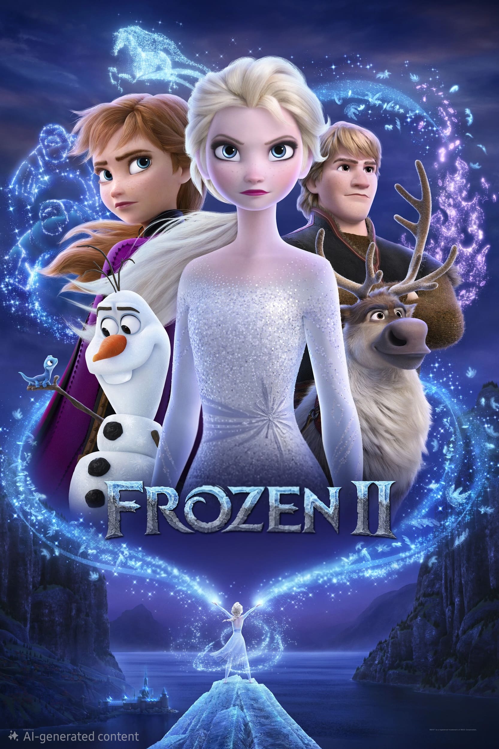 Animated characters Elsa, Anna, Kristoff, Olaf, and Sven stand together with magical blue swirls and the words Frozen II below them—a scene fans can now enjoy through IPTV Italy. Elsa stands alone on ice at the bottom of the image.