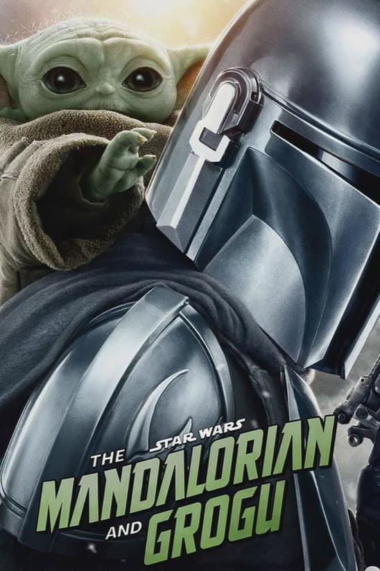 Poster for The Mandalorian and Grogu featuring a helmeted Mandalorian in silver armor and Grogu (Baby Yoda) in a robe, both looking forward. Perfect for fans who stream their favorite shows with IPTV Italy, the title is in bold green and white letters at the bottom.