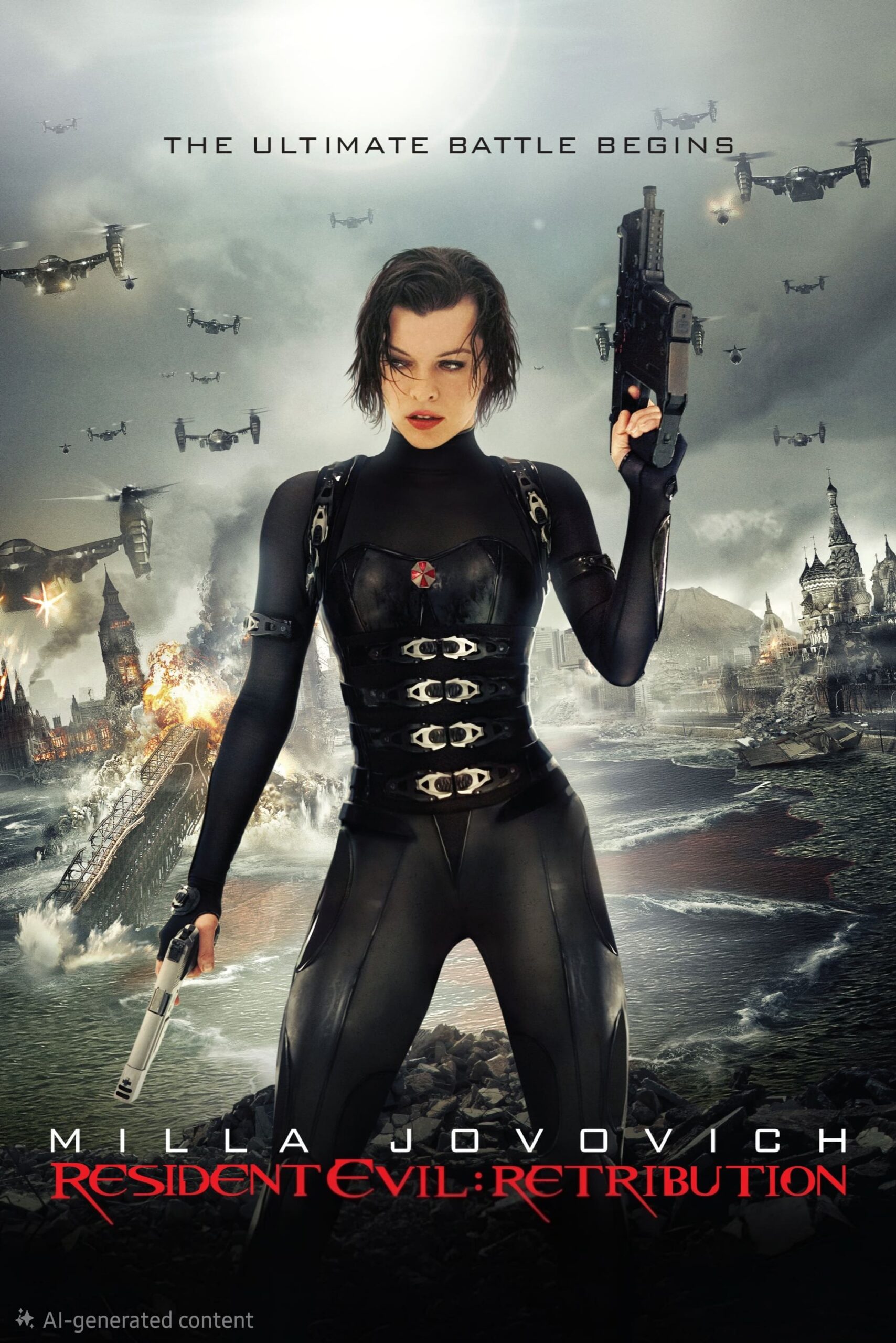 Woman in a black tactical suit holding guns stands in front of a war-torn city with explosions, debris, and flying aircraft, evoking the high-stakes action you’d expect to find streaming on IPTV Italy. Text reads Resident Evil: Retribution with actress and tagline above.