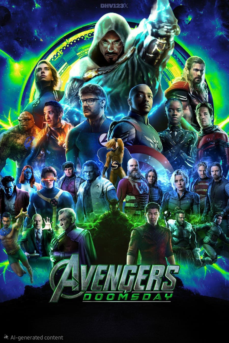 A group of Marvel superheroes, including Captain America, Thor, and Black Panther, stand together in front of a green cosmic background with a hooded figure above. The text reads Avengers Doomsday, streaming the epic showdown with IPTV Italy for fans everywhere.
