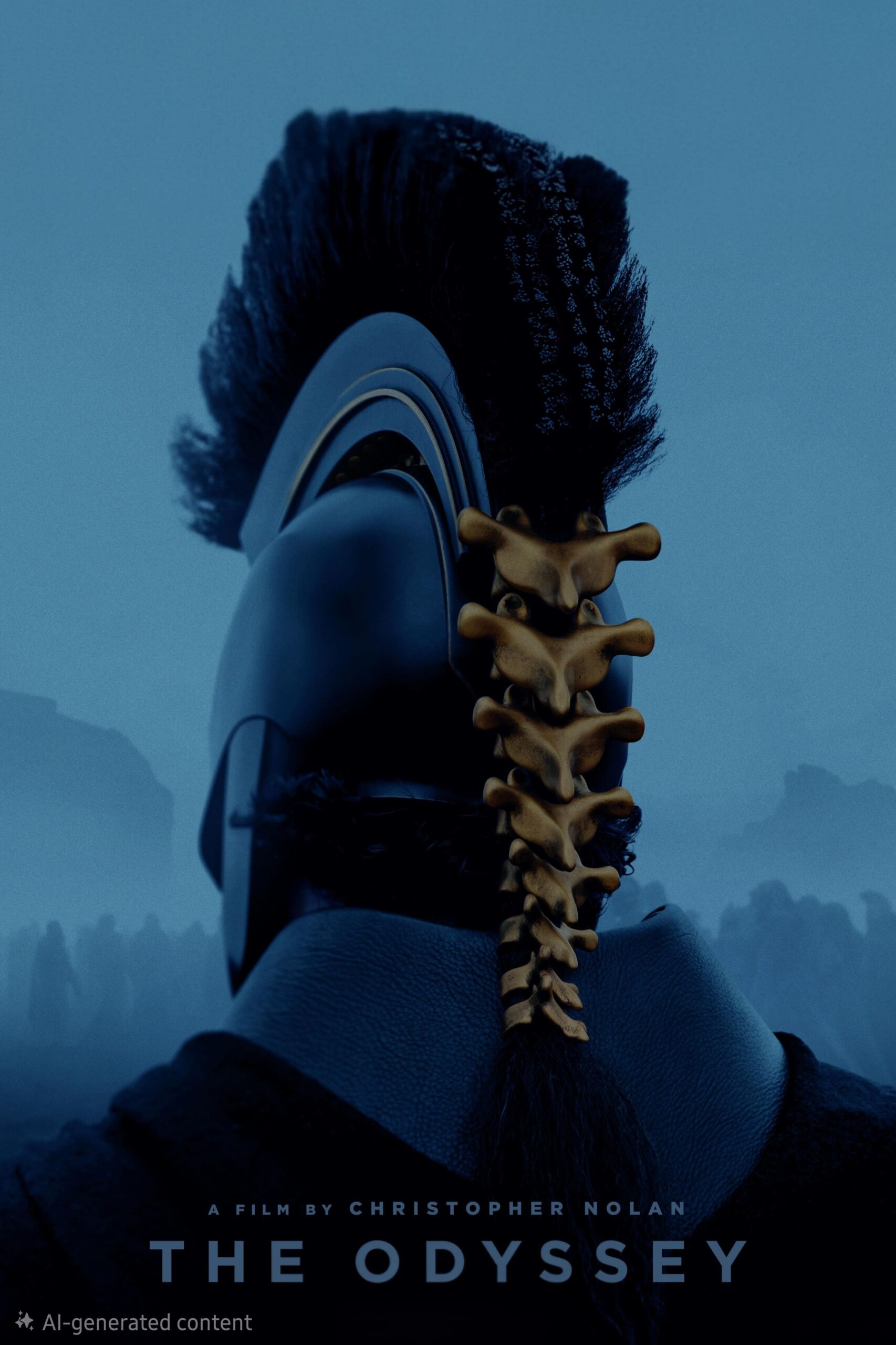 A person in a Greek-style helmet faces away; their helmet is adorned with a braid of vertebrae. Misty figures stand in the background, evoking an air of myth and mystery. Text reads, A film by Christopher Nolan, THE ODYSSEY—now streaming via IPTV Italy.