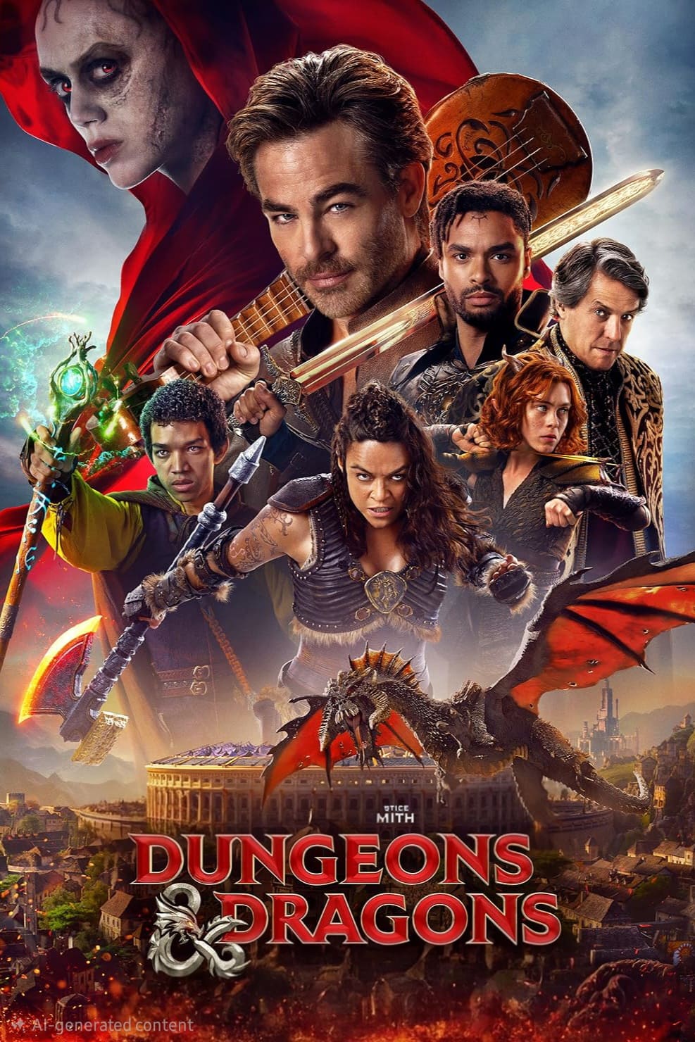 Poster for Dungeons & Dragons: Honor Among Thieves featuring main characters in dramatic poses with weapons, a red-robed figure looming above, and a dragon beneath them, cityscape in the background—perfect for fans streaming the adventure on IPTV Italy.