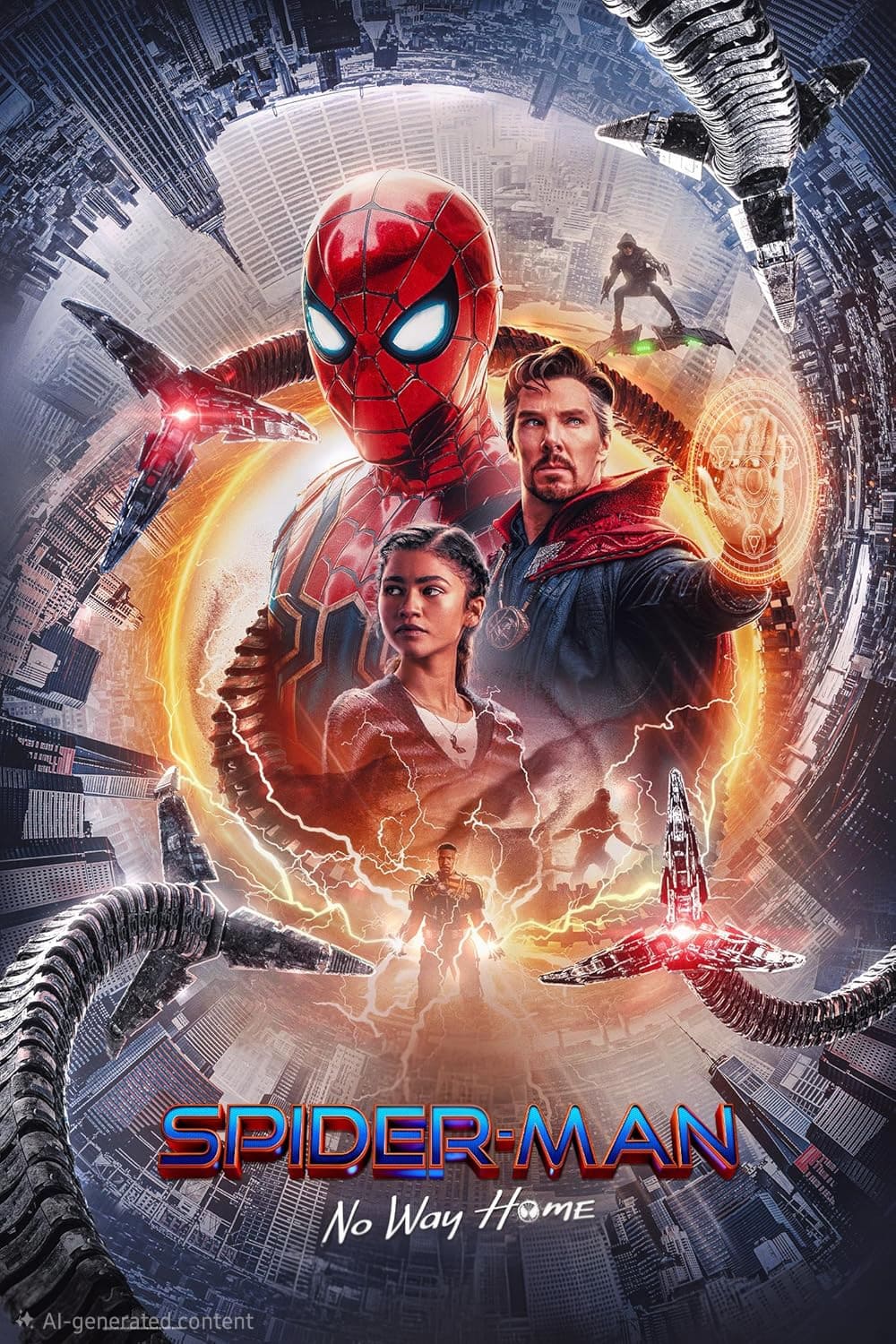 Movie poster for Spider-Man: No Way Home featuring Spider-Man, Doctor Strange, MJ, cityscape, and mechanical tentacles. Bright colors, action scene elements, and the film’s title at the bottom. Perfect for fans streaming superhero adventures on IPTV Italy.