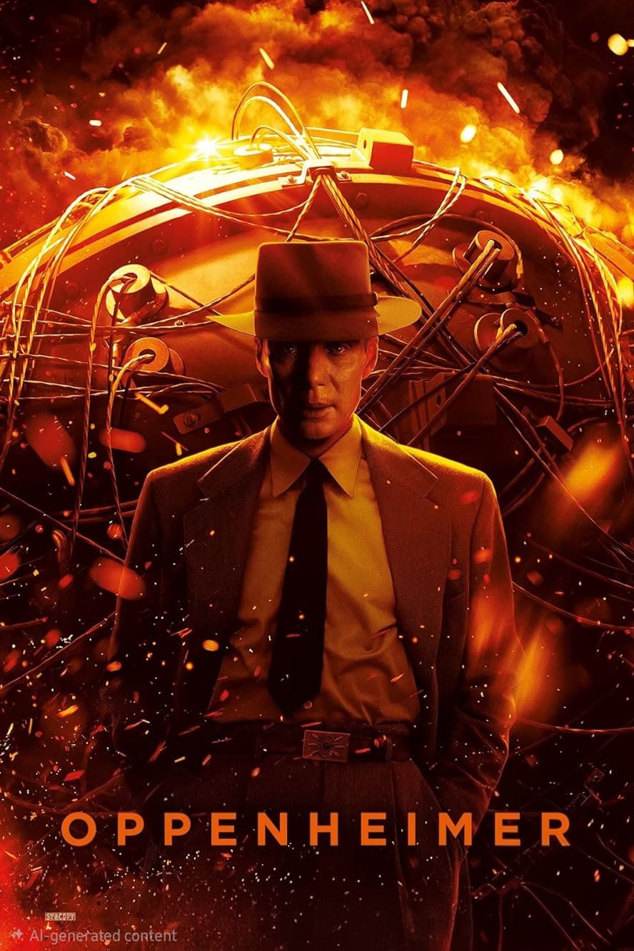 A man in a suit and hat stands before an abstract, fiery background with machinery and wires. The word Oppenheimer appears at the bottom, reminiscent of a cinematic IPTV Italy poster.