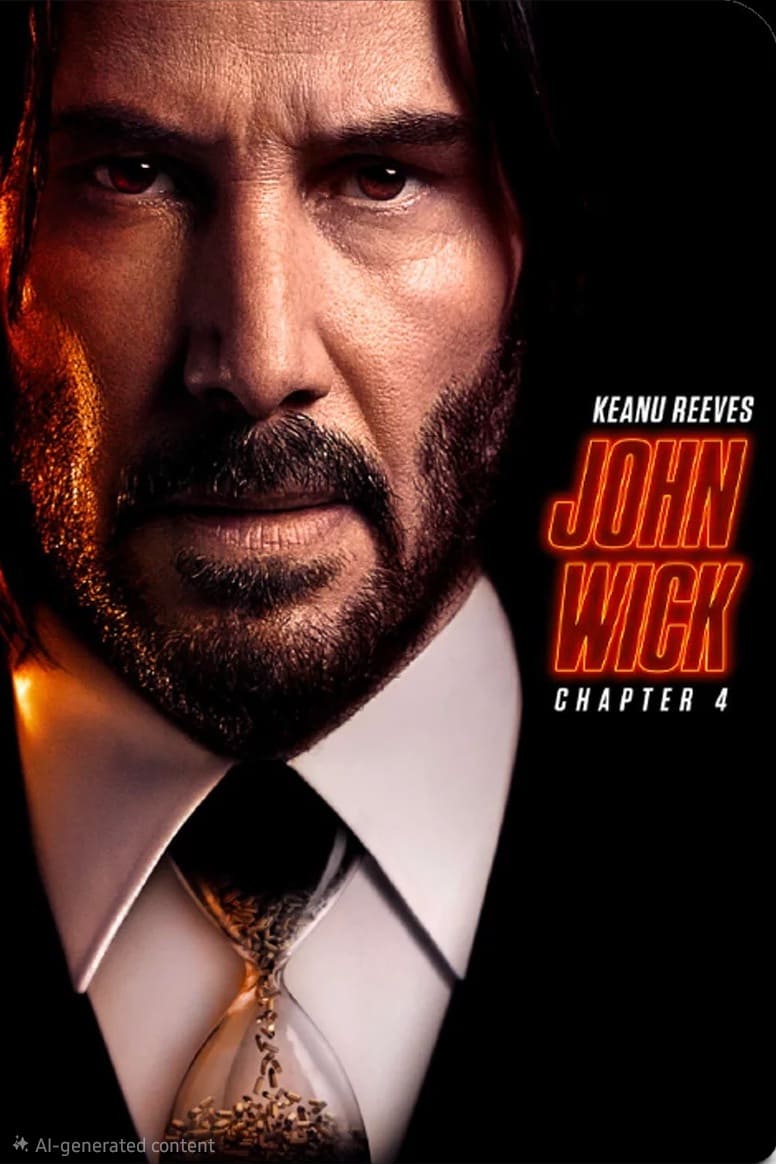 Close-up of a serious man in a suit and tie with long hair and a beard. Text reads: Keanu Reeves JOHN WICK CHAPTER 4 in bold red and orange letters, streaming now on IPTV Italy.