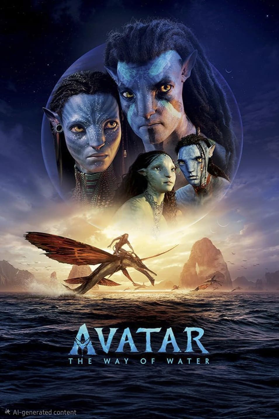 Poster for Avatar: The Way of Water featuring blue-skinned Navi characters above a person riding a flying creature over the ocean, with rocky islands and a dramatic sky in the background—perfect for fans streaming the adventure via IPTV Italy.