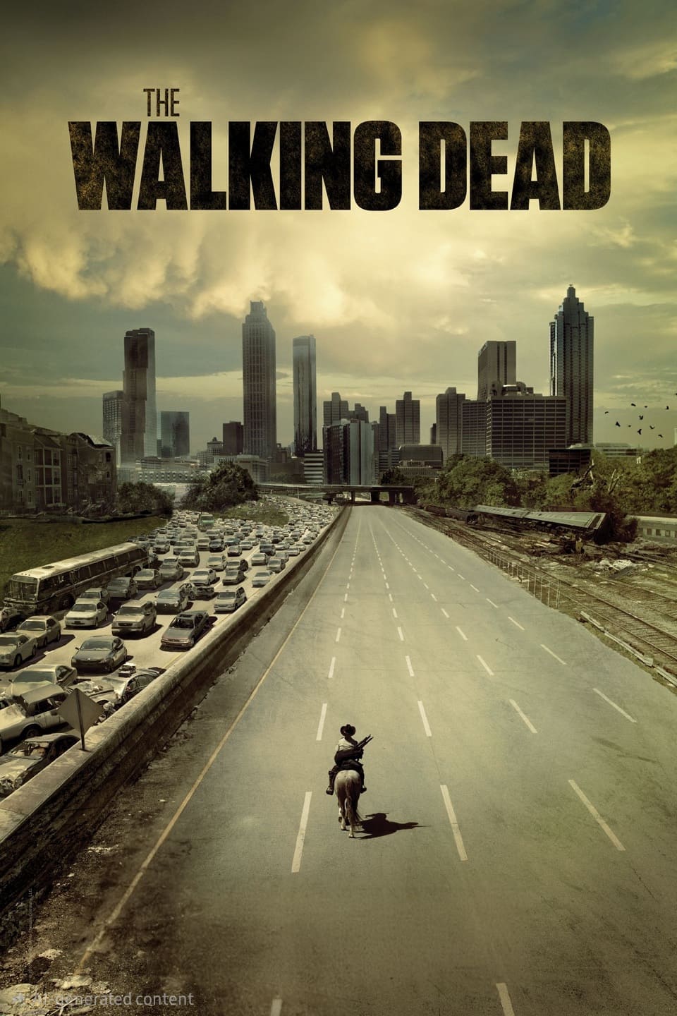 A lone person on horseback rides down an empty highway toward a city skyline, with abandoned cars on one side. Large text reads The Walking Dead above a cloudy sky, capturing the eerie atmosphere perfect for streaming the series on IPTV Italy.