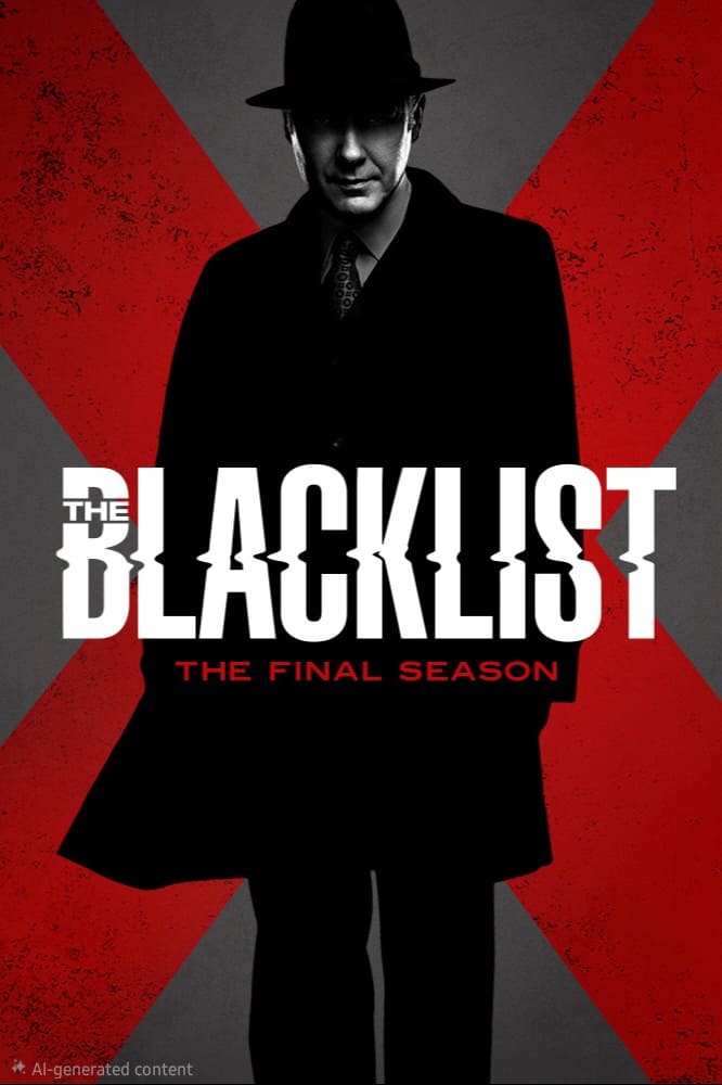 A shadowy man in a hat and coat stands in front of a large red X, with text reading The Blacklist: The Final Season. The gray background sets the mood, hinting at intrigue and suspense—now streaming on IPTV Italy.