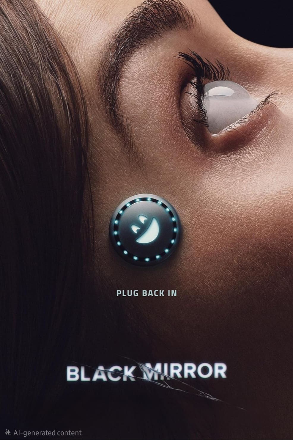 Close-up of a person’s face with a glowing, smiley-face device behind their ear. The words PLUG BACK IN and BLACK MIRROR appear on the image. Their eye looks wide and reflective, hinting at futuristic connections—perhaps even to something like IPTV Italy, streaming directly into the mind.