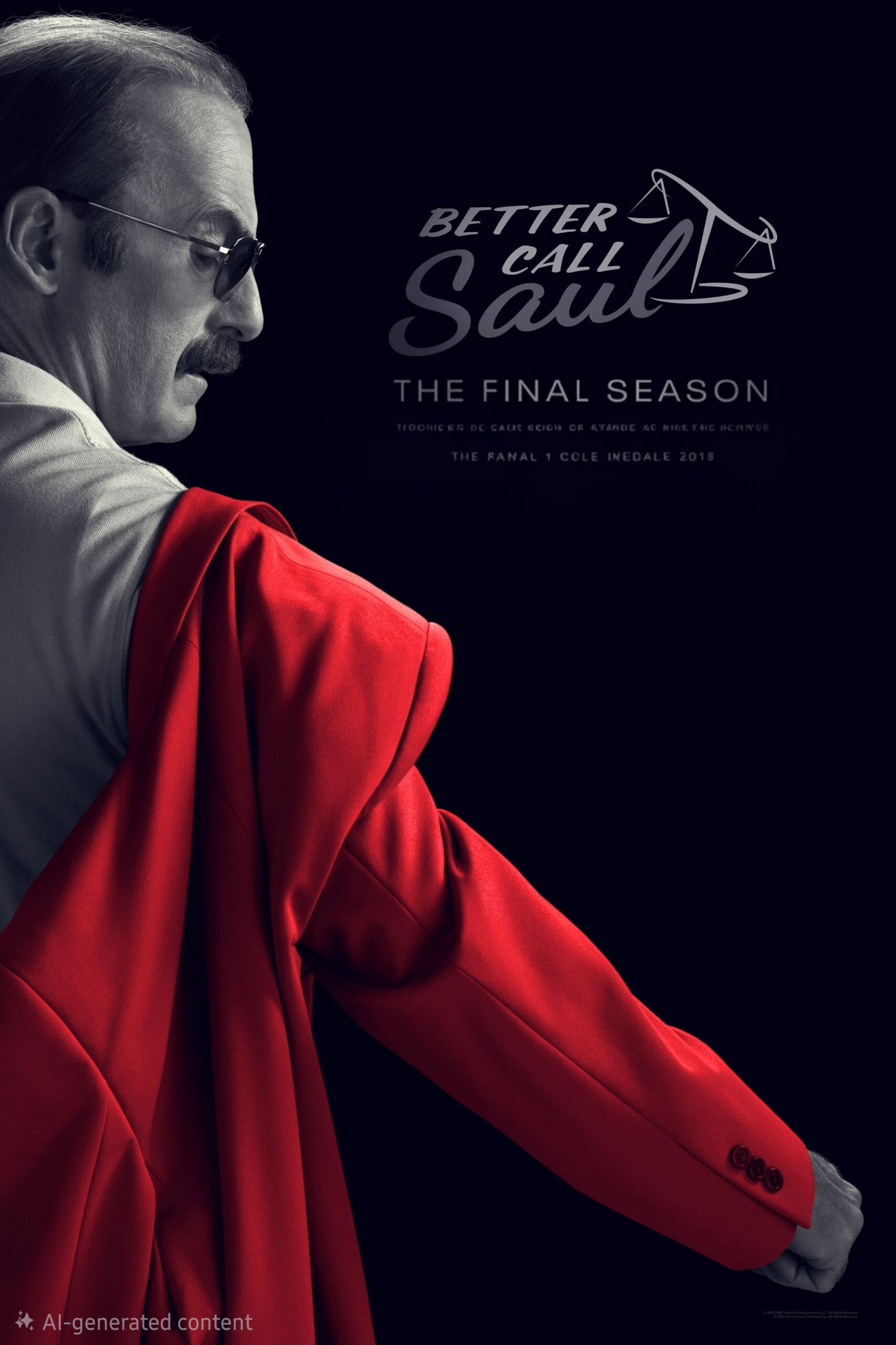 A man with glasses in a suit drapes a red coat over his shoulder. Text reads Better Call Saul: The Final Season with a graphic of a scale and additional show information, perfect for fans streaming on IPTV Italy. Dark background.