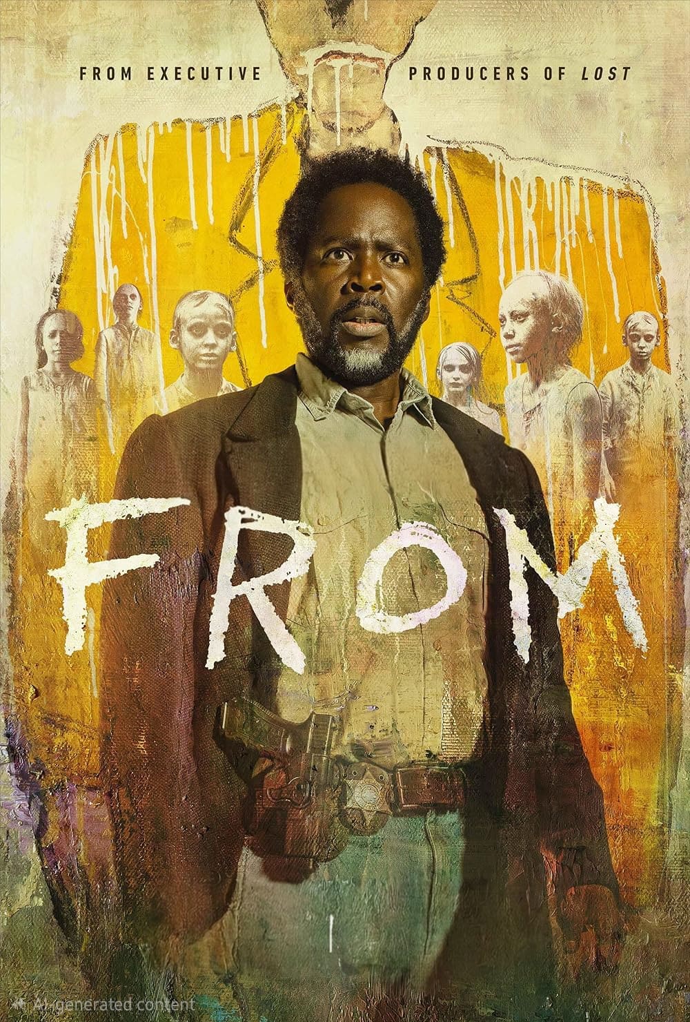 A man stands in front of eerie, ghostly figures with FROM written across the image; above him, text reads From executive producers of LOST. The background is painted in yellow and brown tones, adding to the suspenseful atmosphere—perfect for thriller fans streaming on IPTV Italy.