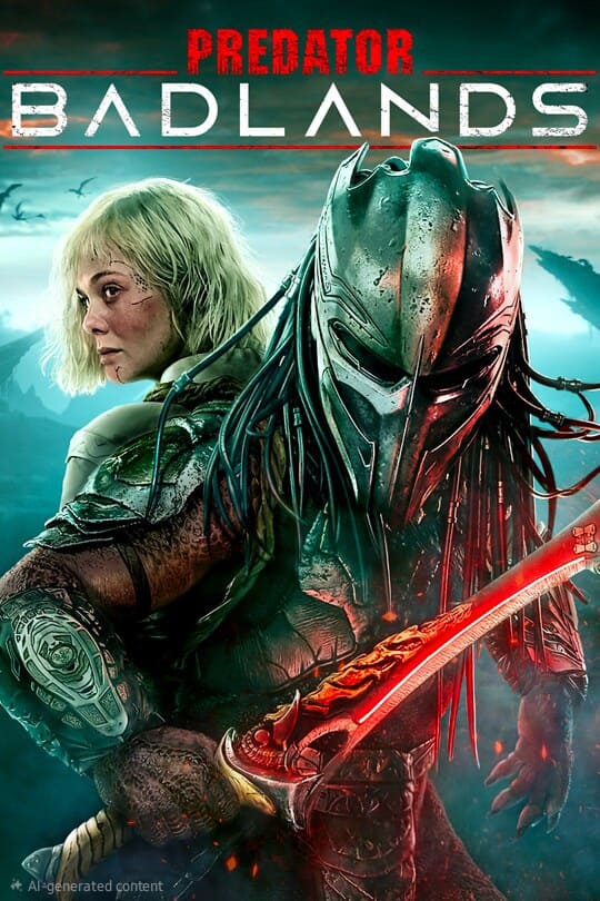 A woman with blonde hair stands back-to-back with an armored alien holding a sword. The text PREDATOR BADLANDS appears at the top over a misty, mountainous landscape reminiscent of an IPTV Italy action thriller.