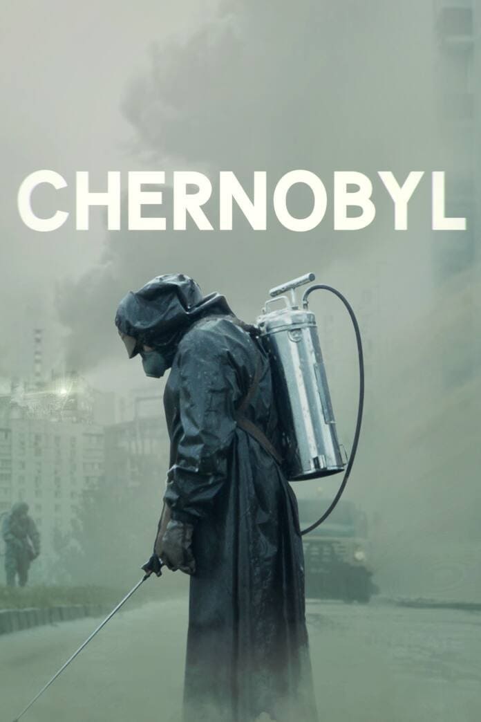 A person in protective gear with a metal tank on their back stands in a foggy, desolate city. The word CHERNOBYL appears in large white letters at the top, evoking the haunting aftermath as though captured by an IPTV Italy broadcast.