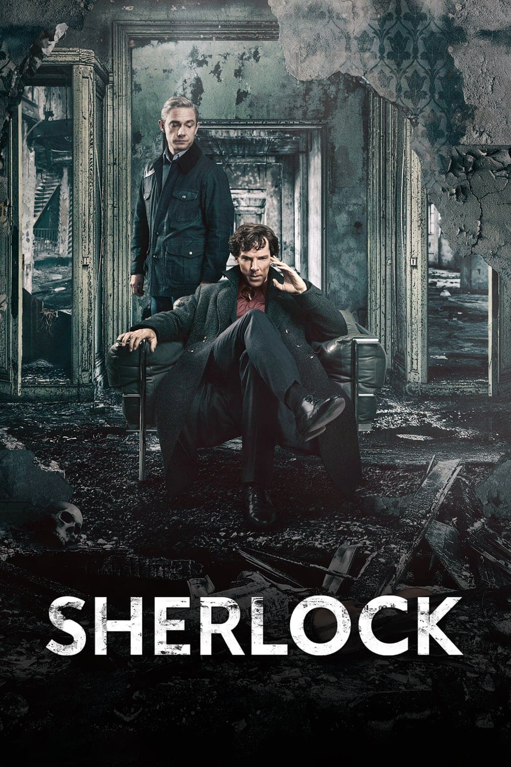 Two men, one seated and one standing, are in a ruined building. The seated man wears a coat and scarf, looking thoughtful. The standing man is in a jacket. Subtly blending mystery with modern intrigue, the scene could be straight from an IPTV Italy broadcast of “Sherlock,” with the word Sherlock appearing at the bottom.