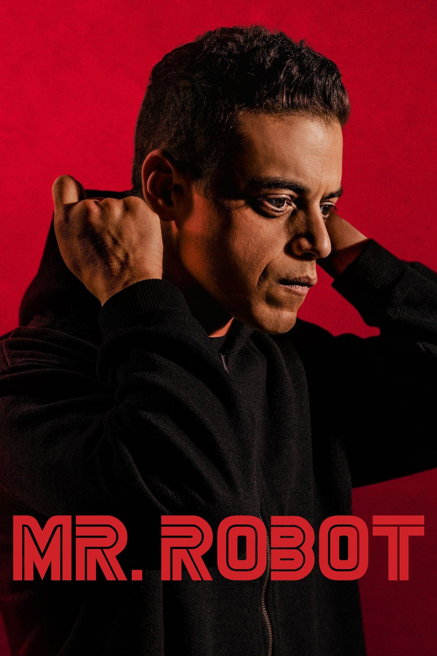 A person in a black hoodie stands against a red background, adjusting the hood. The words MR. ROBOT appear in bold red letters at the bottom of the image, evoking the world of cyber intrigue and IPTV Italy.