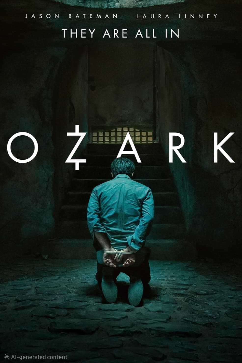 A man kneels with hands tied behind his back in a dim, stone-walled room. The word Ozark is overlaid, with They Are All In and actors’ names above. Light shines from a small barred window in the background, evoking the tense atmosphere of a gripping crime thriller you’d expect to stream on IPTV Italy.