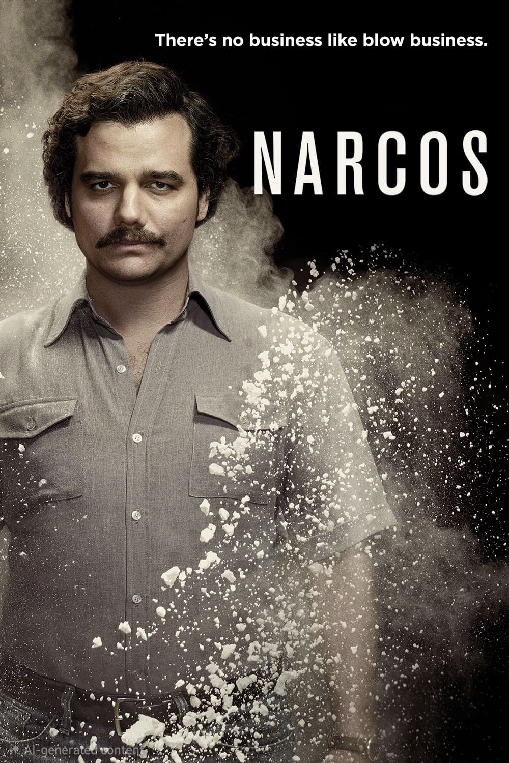 A serious man in a gray shirt stands amid flying white powder, with the text There’s no business like blow business and NARCOS above him on a black background, hinting at the underground world of IPTV Italy.