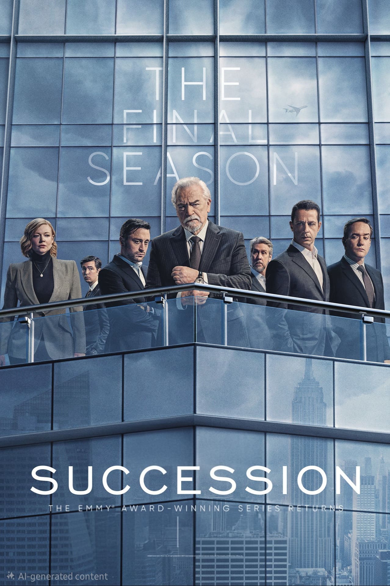 The main cast of Succession stands on a modern glass balcony, dressed in business attire, with a city skyline reflected in the building behind them. Text reads: The Final Season. Succession—now streaming on IPTV Italy.