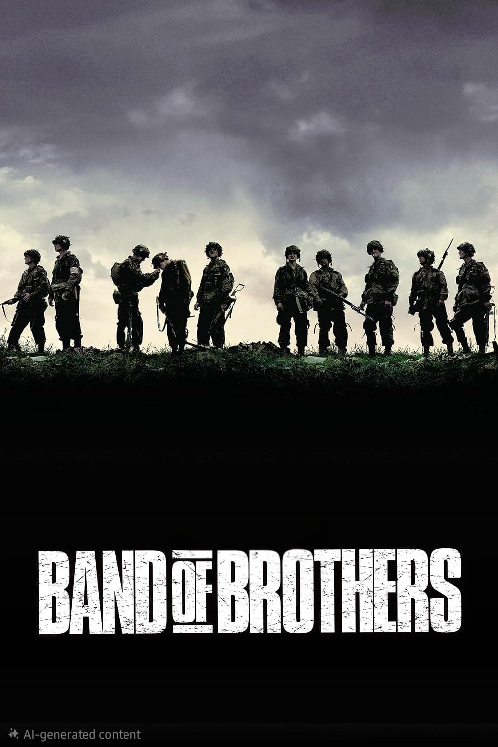 Silhouetted soldiers stand together on a grassy hill under a dramatic cloudy sky. Band of Brothers is displayed in bold white letters at the bottom of the image, evoking the camaraderie and cinematic storytelling found on IPTV Italy.