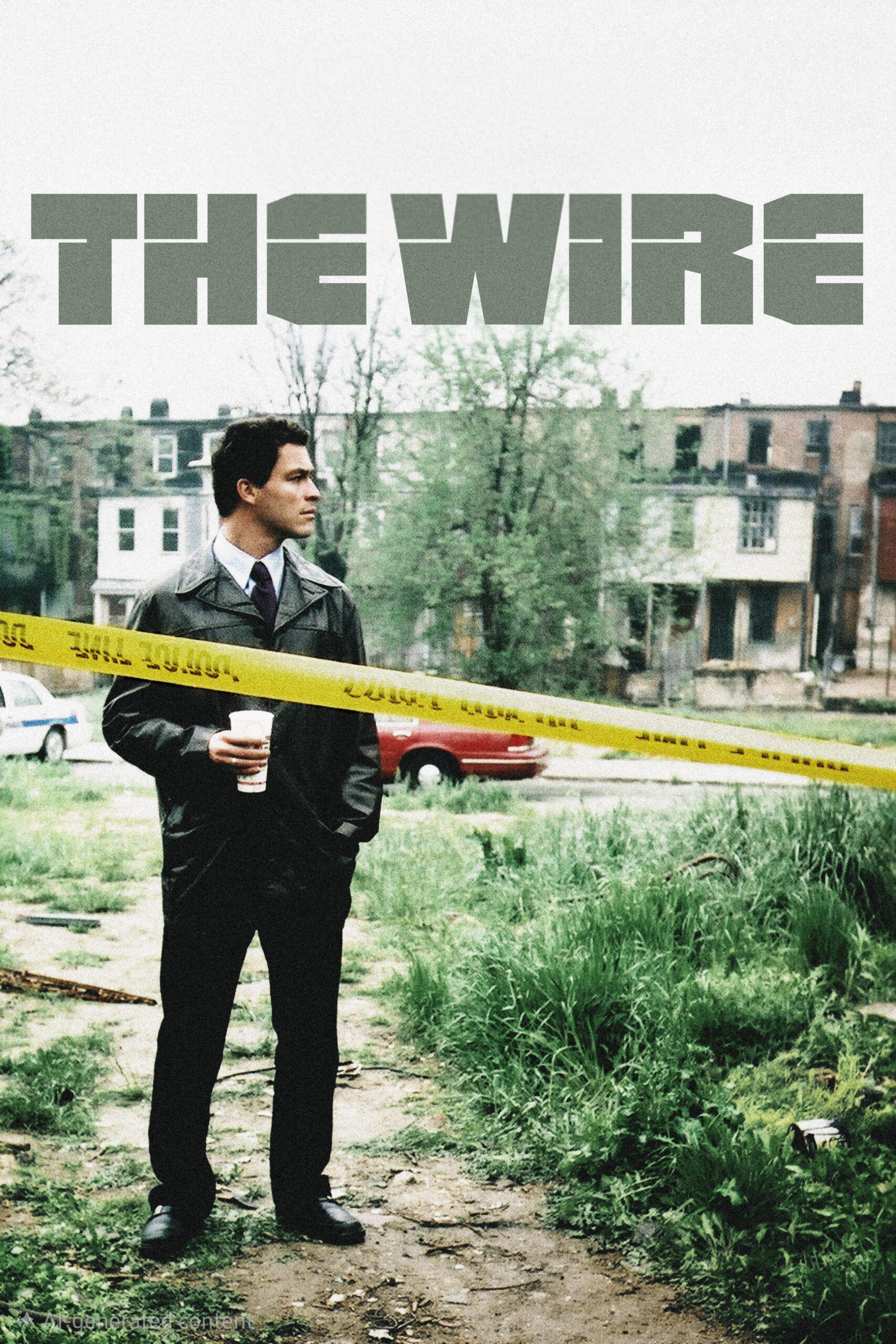 A man in a suit holding coffee stands behind yellow police tape in a grassy, urban lot. The background shows old row houses, evoking the gritty atmosphere familiar to fans tuning in via IPTV Italy. Large text reads THE WIRE at the top of the image.