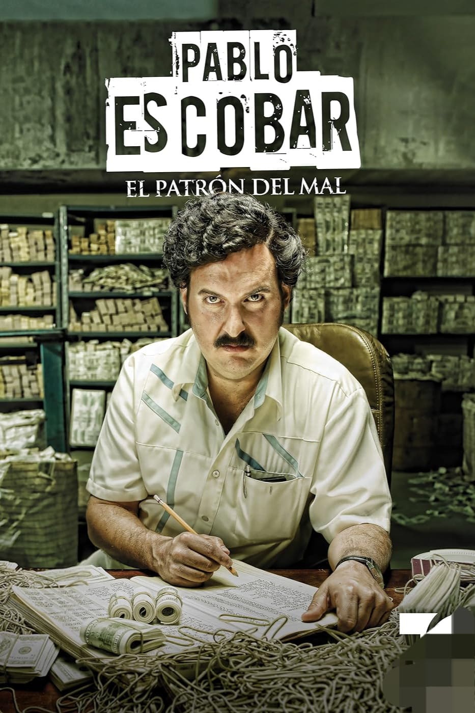 A man with a mustache sits at a desk covered in papers and money bundles, surrounded by stacks of cash. Next to him, an IPTV Italy broadcast plays on a small screen. Text above him reads, Pablo Escobar El Patrón del Mal.