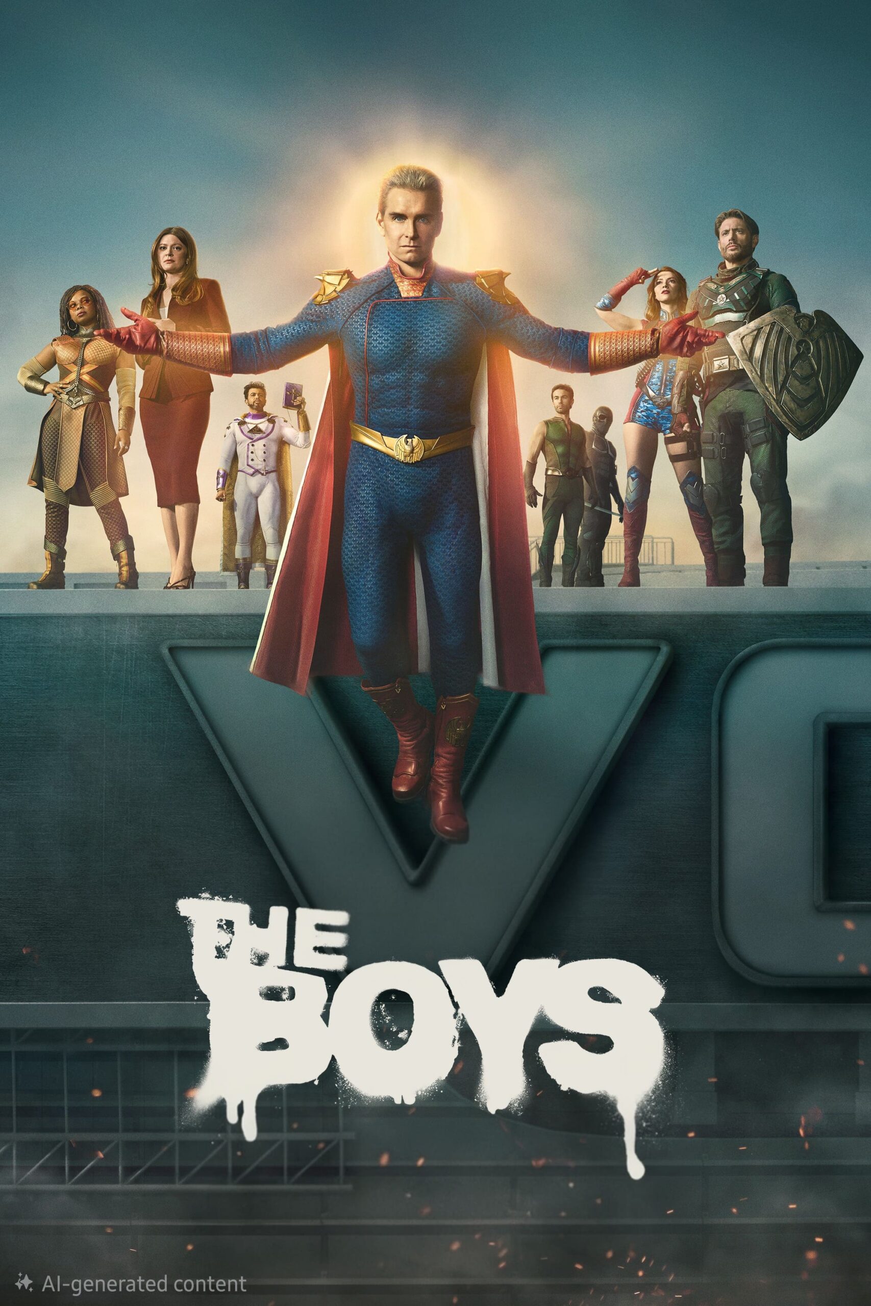 A group of costumed superheroes stands on a rooftop, with a blonde man in a blue suit and red cape floating in the center. The show’s title, The Boys, is displayed at the bottom in bold, white letters, hinting at its popularity on IPTV Italy.