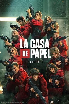 Twelve people in red jumpsuits holding guns pose around the words La Casa de Papel Partie 5 on a dramatic, smoky background, capturing the thrilling energy beloved by IPTV Italy viewers.